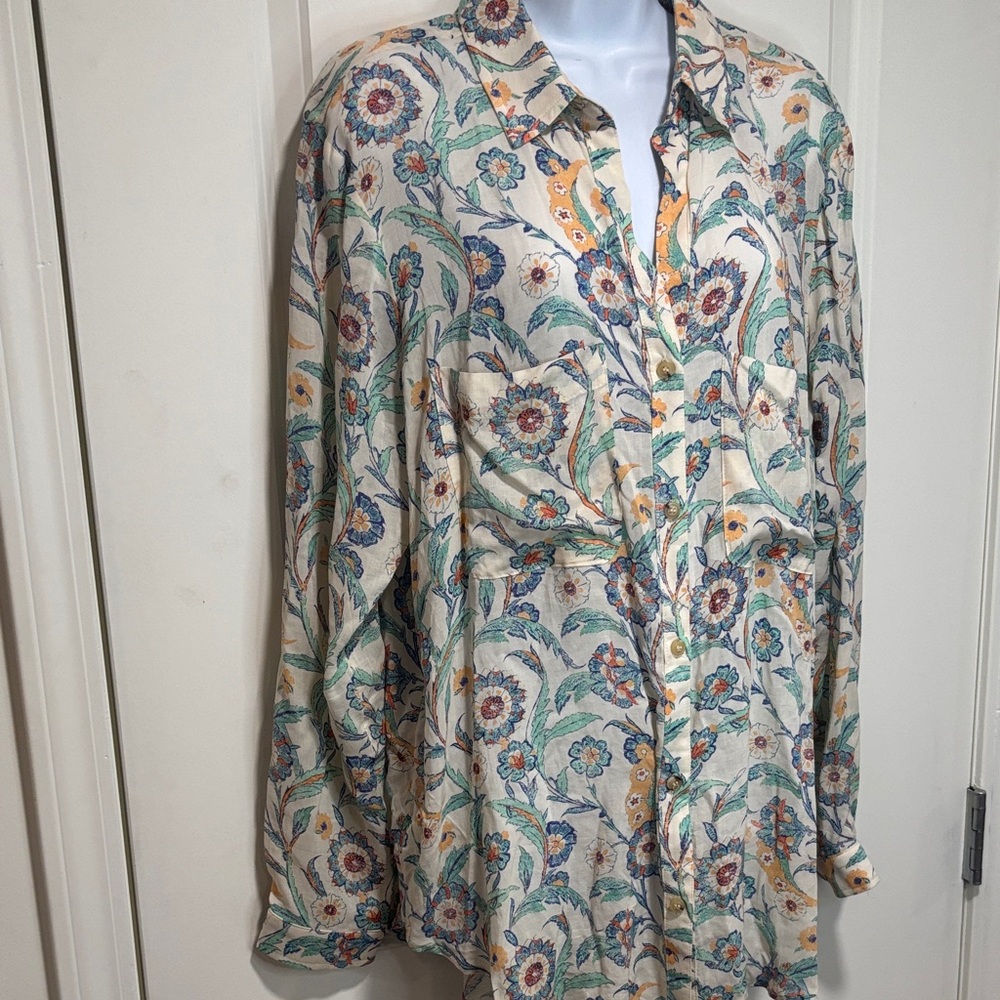 Pilcro Anthropologie Floral Print Women's Blouse - Cream, Blue, Green, Orange